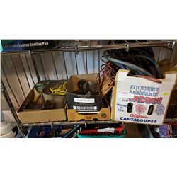 3 BOXES OF LOAD STRAPS, CASTERS, AND EXTENTION CORD W/ HOSE