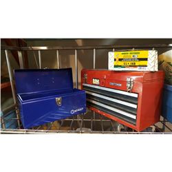 BLUE KOBALT TOOLBOX FILLED W/ SOCKETS AND RED TOOLBOX AND BOX OF STRIP NAILS