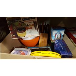 BOX OF KITCHEN ITEMS AND CROCK POT