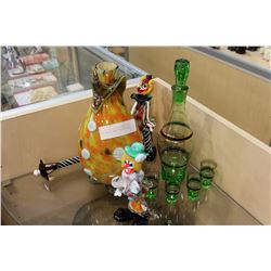 LOT OF ART GLASS CLOWNS AS IS AND GREEN GLASS DECANTER SET