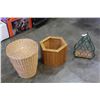 Image 1 : WOOD PLANTER BOX, WICKER BASKET, AND WINE HOLDER