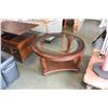 Image 1 : NEW ASHLEY ROUND CARVED MAHOGANY GLASS TOP COFFEE TABLE RETAIL $599