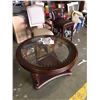 Image 2 : NEW ASHLEY ROUND CARVED MAHOGANY GLASS TOP COFFEE TABLE RETAIL $599