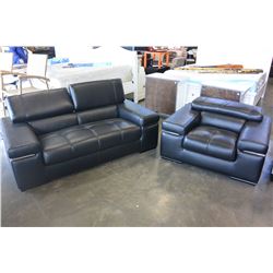 BRAND NEW MODERN BLACK GENUINE LEATHER LOVESEAT AND CHAIR, WITH ADJUSTABLE HEADRESTS, RETAIL $4899