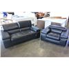 Image 1 : BRAND NEW MODERN BLACK GENUINE LEATHER LOVESEAT AND CHAIR, WITH ADJUSTABLE HEADRESTS, RETAIL $4899