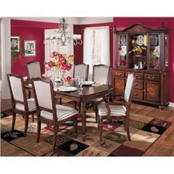 NEW ASHLEY FURNITURE FLOOR MODEL CARVED DINING TABLE WITH 6 ULPHOSTERED CHAIRS RETAIL $2699