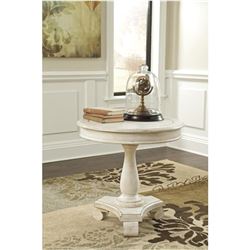 ASHLEY FLOOR MODEL WHITE ROUND RUSTIC ENDTABLE, MINOR COSMETIC DAMAGE RETAIL $359