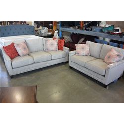 NEW ASHLEY CONTEMPORARY TAN FABRIC SOFA AND LOVESEAT WITH BRASS NAILHEAD AND 6 THROW PILLOWS RETAIL 