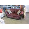 Image 1 : NEW ASHLEY RED FABRIC WOOD FRAMED LOVESEAT WITH 2 ACCENT PILLOWS, RETAIL $1812
