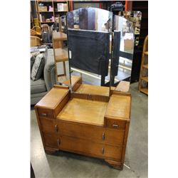 ANTIQUE OAK VANITY WITH TRIPLE SWING MIRROR