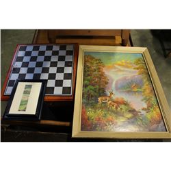 DEER WATERFAL AND WAINBOW PRINT WITH WATER COLOR SIGNED PAINTING AND CHESS BOARD