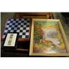 Image 1 : DEER WATERFAL AND WAINBOW PRINT WITH WATER COLOR SIGNED PAINTING AND CHESS BOARD
