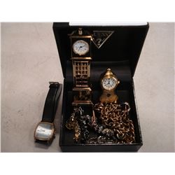 MINIATURE BRASS CLOCKS AND SEIKO WATCH AND CHAINS