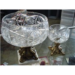 2 CRYSTAL AND BRASS CANDY DISHES