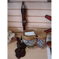 ANIMAL SKIN DRUM W/ POTTERY VASE AND CARVED ROOSTER AND WOMAN