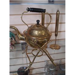 BRASS TODDY KETTLE AND CANDLE STICKS