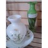 Image 2 : PAINTED ON GLASS BOWL, VASE SET,AND ART GLASS VASE