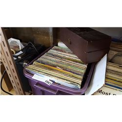 PURPLE TOTE OF RECORDS AND CASE OF 8 TRACKS