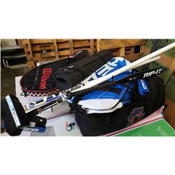 LOT OF TENNIS RACQUETS BAGS AND DUMBELLS WITH CURL BROOMS