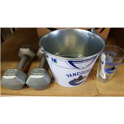 CANUCKS METAL PAIL, COASTERS AND GLASS AND DUMBELLS