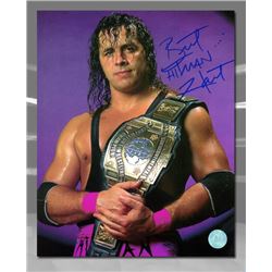 Bret Hitman Hart WWE Autographed Wrestling Championship Belt 8x10 Photo