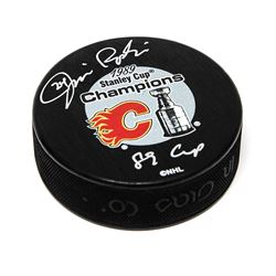 Jim Peplinski Calgary Flames Signed 1989 Stanley Cup Hockey Puck with 89 Cup Note