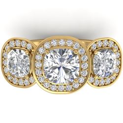 2.7 CTW Cushion Cut Certified VS/SI Diamond Art Deco 3 Stone Ring 14K Yellow Gold - REF-592K8W - 303