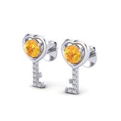 0.60 CTW Citrine & VS/SI Diamond Micro Pave Key Of Heart Earrings 14K White Gold - REF-20H8A - 22666