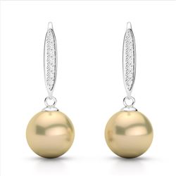 0.18 CTW Micro Pave VS/SI Diamond & Golden Pearl Designer Earrings 18K White Gold - REF-34K5W - 2263