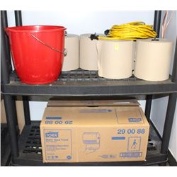11 ROLLS OF PAPER TOWEL, EXTENSION CORD AND PAIL