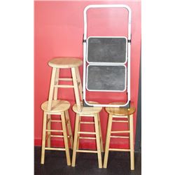 LOT OF 4 ASSORTED WOOD STOOLS AND A 2-STEP LADDER