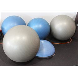 LOT OF 4 EXERCISE BALLS AND BALANCE BALL