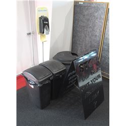LOT OF ASSORTED GARBAGE CANS, METAL SIGN AND