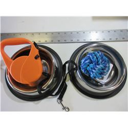 New Pet Bundle / 2 stainless bowls / 1 retractable leash / braided rope ball