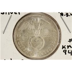 1937-A GERMAN SILVER 5 MARKS WITH SWASTIKA