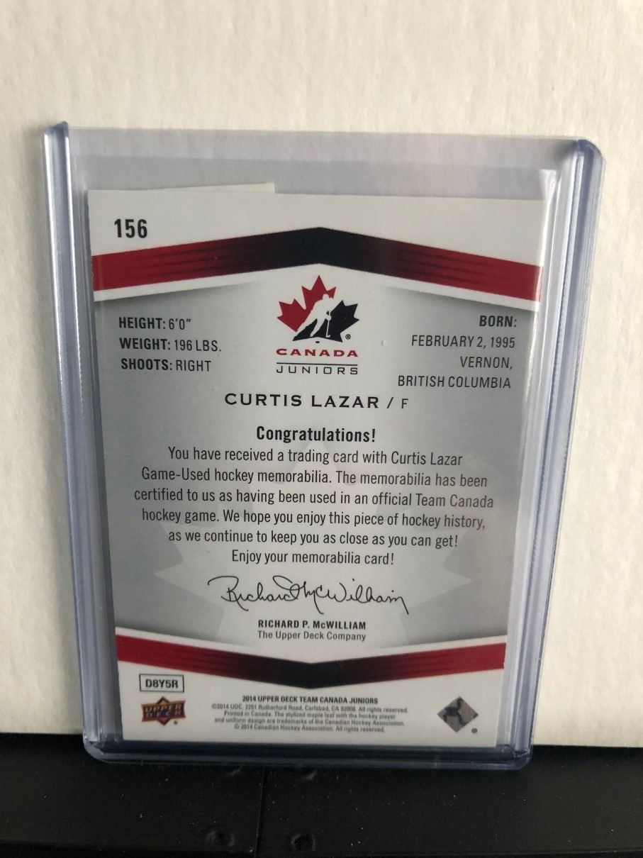 CURTIS LAZAR 2014 UD TEAM CANADA JUNIORS GAME WORN JERSEY