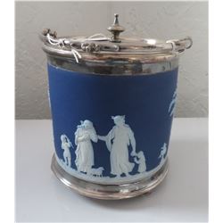 Blue Wedgwood Biscuit Jar w/Silverplate