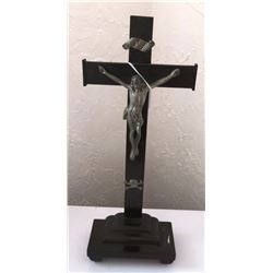 Antique Metal Religious Crucifix on Stand