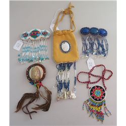 Beaded Leather Bag w/2 Hair Brooches