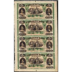 Uncut Sheet of 1800's $5 Citizens Bank of Louisiana Obsolete Notes