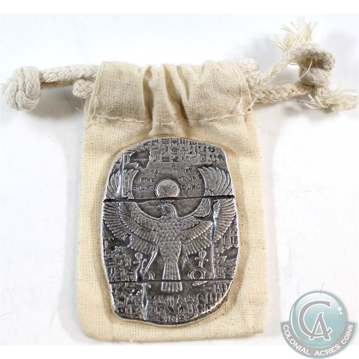 New 3 oz Egyptian Horus Relic Bar In a Cloth Bag .999 Fine Silver Bar
