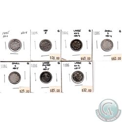 10-cent 1885 Obv4 VG, 1885 Obv5 Good, 1886 L Kn6 Obv4 Good, 1886 Sm6 Obv4 Good, 1886 Sm6 Obv5 Good, 