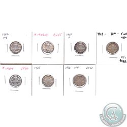10-cent 1902 F-VF, 1902H AU-UNC, 1903H VF, 1903 Fine, 1904 VF-EF, 1905 VG-F, 1906 VF. 7pcs