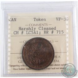 CH# LC5A1, Banque Du Peuple Montreal, Un Sou (open Wreath, Large Bow, reeded) ICCS Certified VF-30,
