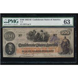 1862-63 $100 Confederate States of America Note PMG 63