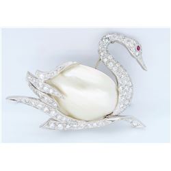 14KT White Gold Pearl and Diamond Brooch