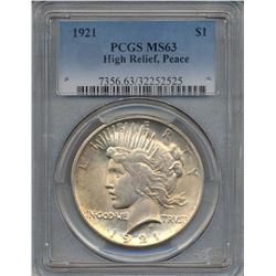 1921 $1 Peace Silver Dollar Coin PCGS MS63