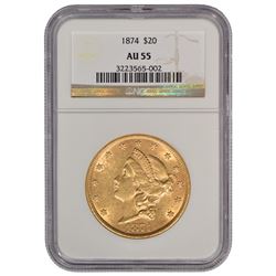 1874 $20 Liberty Head Double Eagle Gold Coin NGC AU55