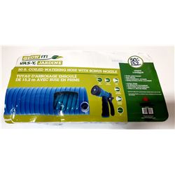50 FOOT COILED GARDEN HOSE WITH NOZZLE