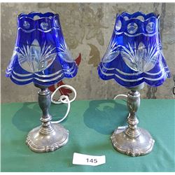 PAIR TABLE LAMPS W/COBALT CUT TO CLEAR SHADES